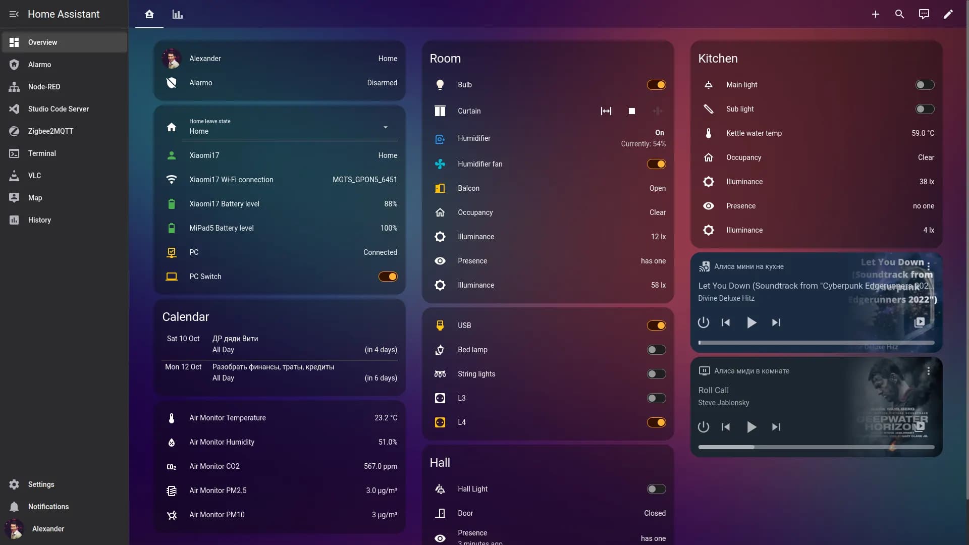Home Assistant dashboard with sensor readings, air quality, light, calendar and music